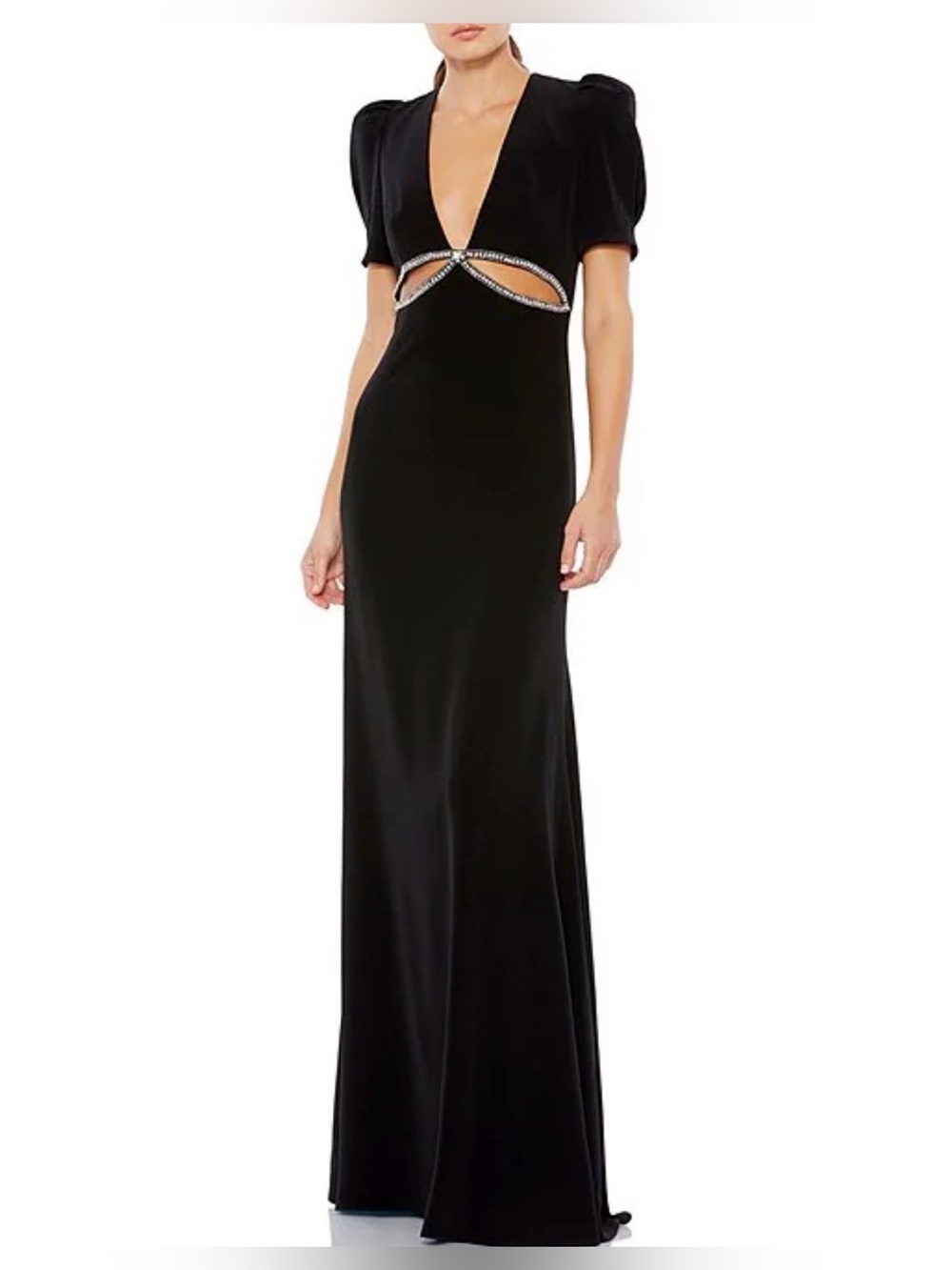 Ieena for Mac Duggal Plunge Neck Puff Sleeve Cut Out Gown-8